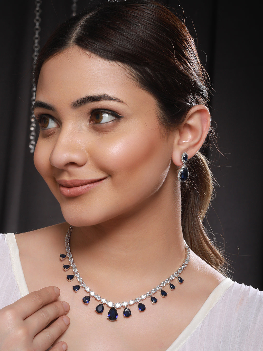 Silver Plated Blue CZ Studded Minimal Luxe Jewellery Set